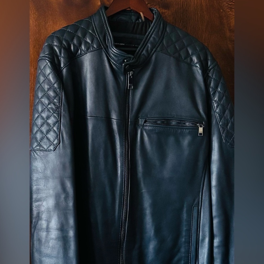 Andrew Marc Men's Blue Quilted Leather Bomber Jacket